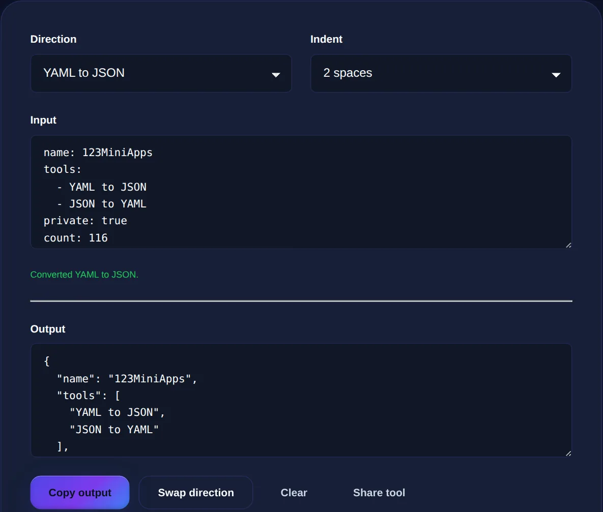 Screenshot of the YAML to JSON Converter on 123MiniApps showing an example result